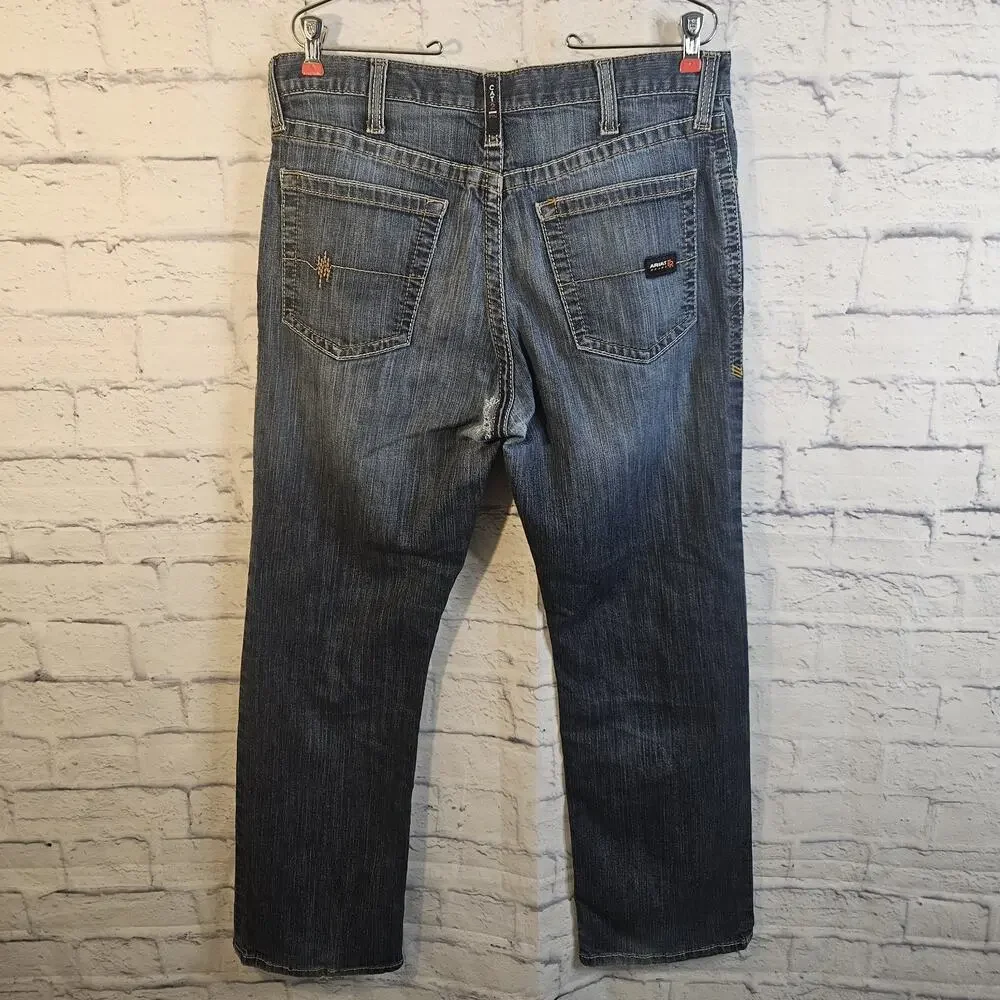 Ariat Men's FR M4 Low Rise Boot Cut Jeans, Med Wash, Size 34/30 Flawed